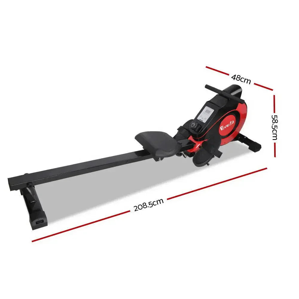 Close-up of magnetic flywheel and resistance control panel on Everfit rowing machine.