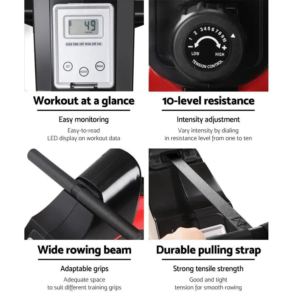 User gripping rowing machine handles demonstrating ergonomic design and quiet operation.
