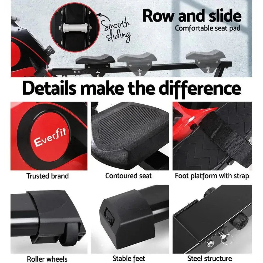 Large LCD display console on the Everfit rowing machine showing workout tracking features.