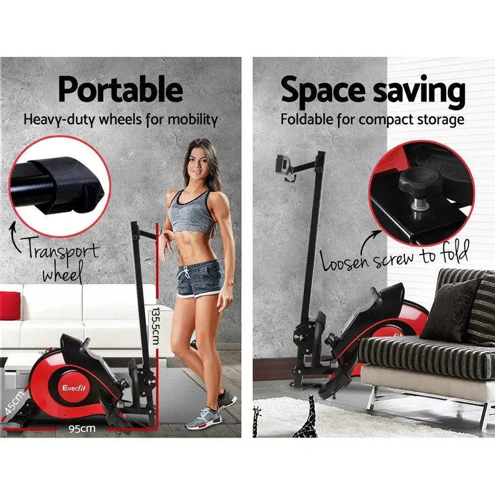 Everfit Magnetic Flywheel Rowing Machine in a home gym setting with wooden floor background.