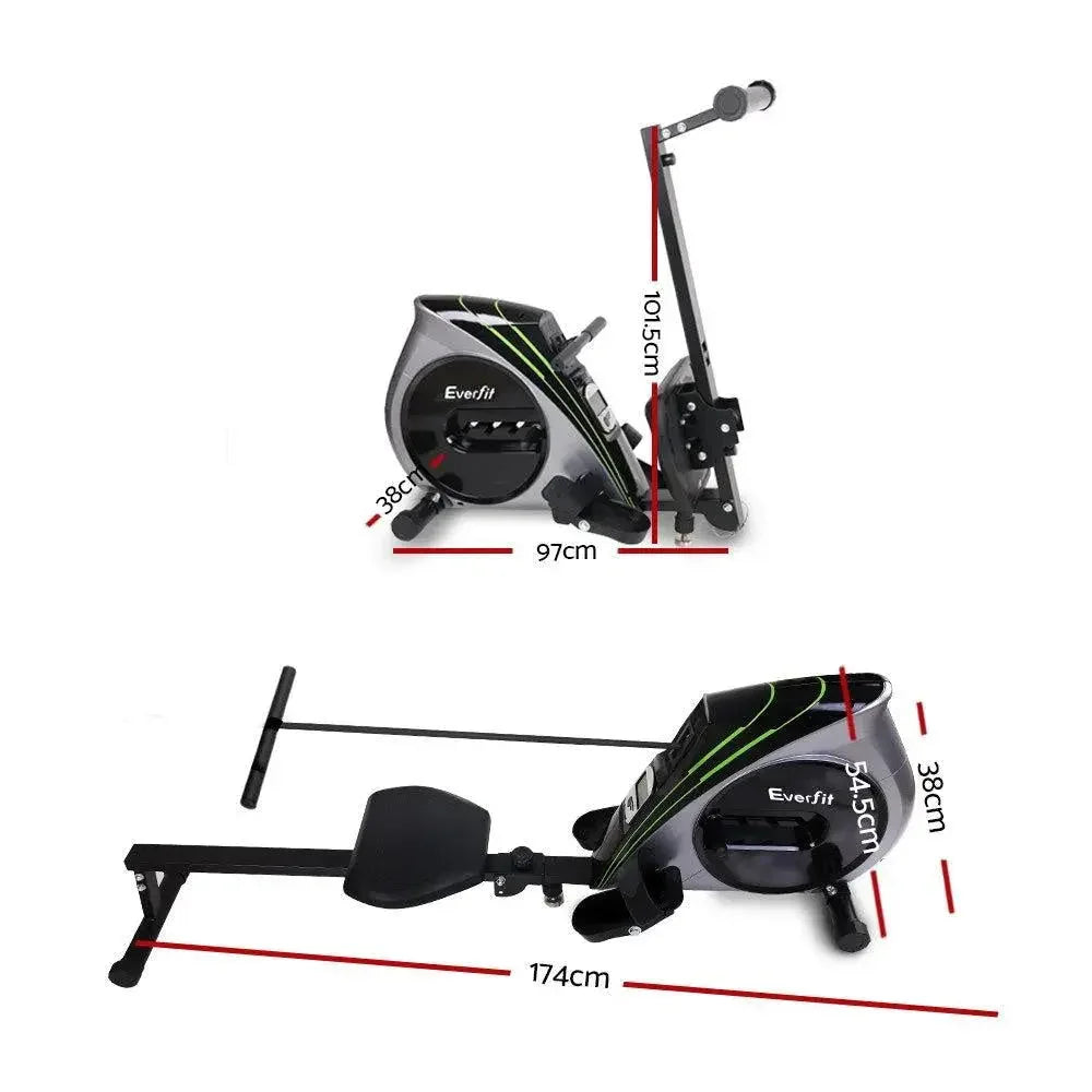 Close-up of rowing machine's seat, footrests with adjustable straps, and elastic rope mechanism