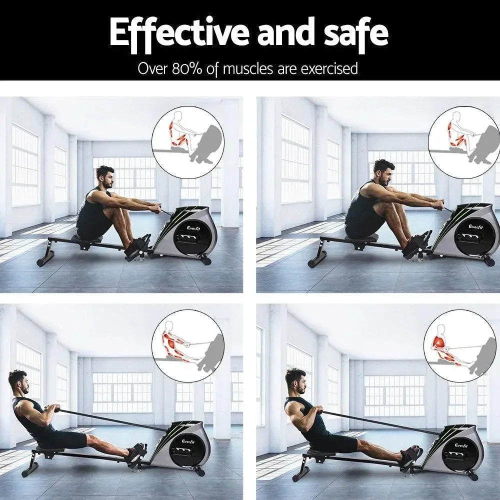 Top angle view of rowing machine highlighting anti-slip footrests and molded seat design