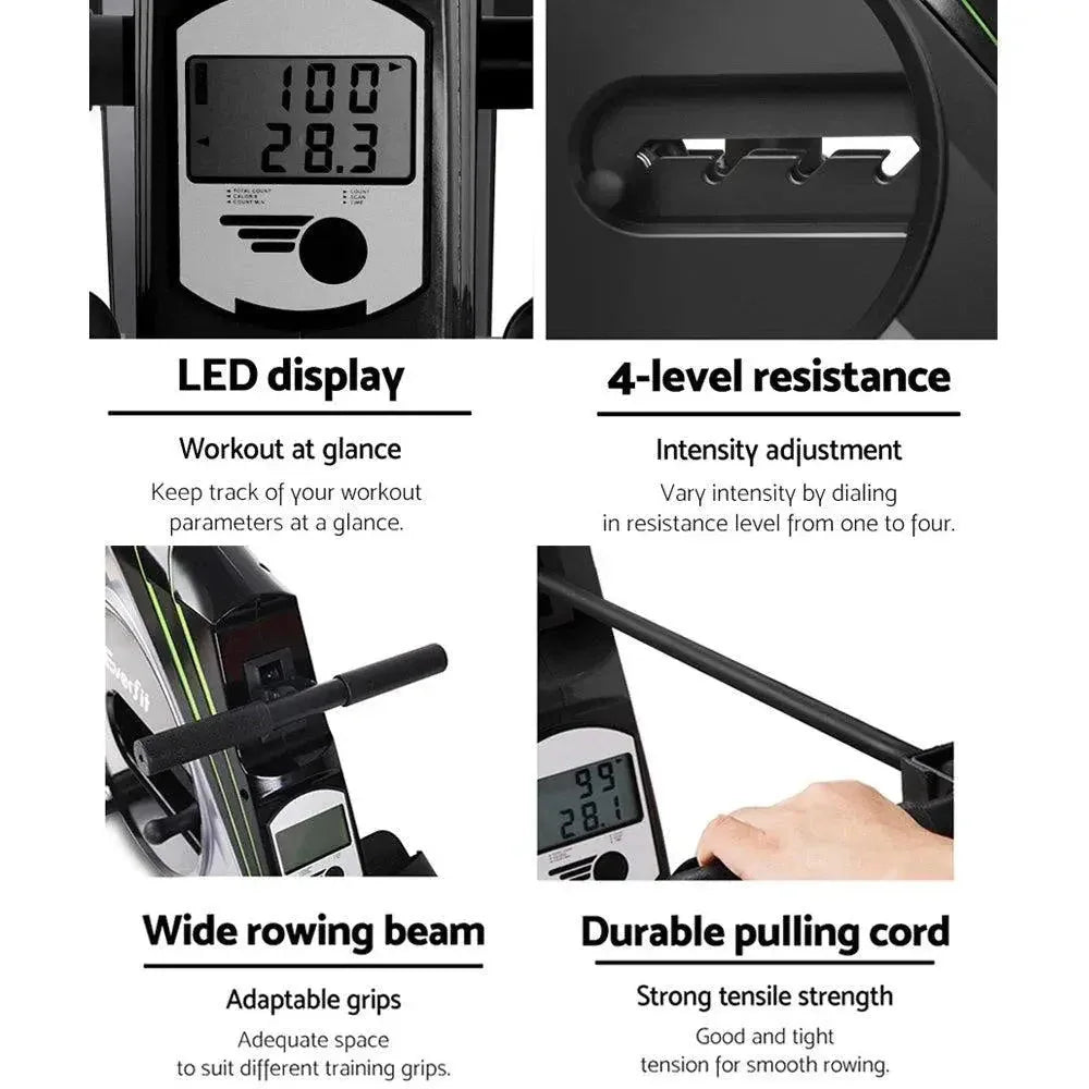 Close-up of LCD display screen showing workout progress on the Everfit rowing machine