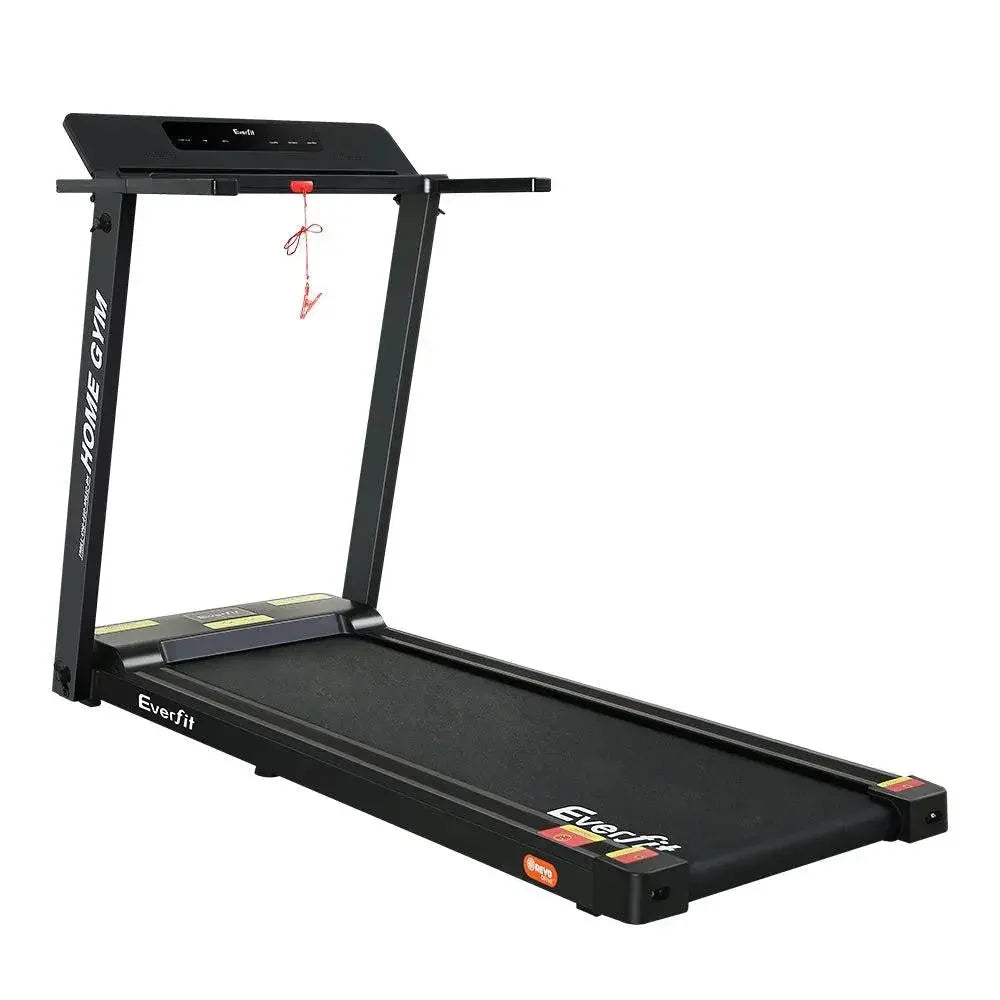 Black Everfit electric treadmill folded in compact position showing powder-coated steel frame.