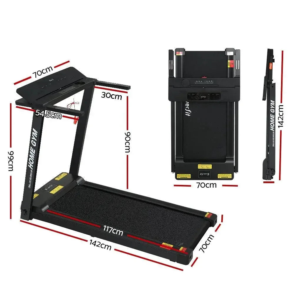 Everfit treadmill partially unfolded with visible control panel and anti-slip running belt.