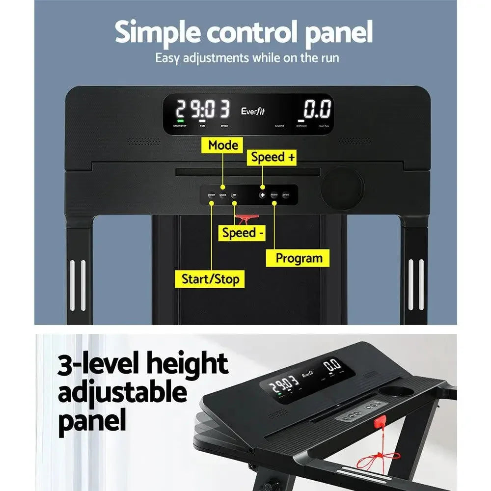 Foldable treadmill with detailed focus on motor housing and base design.
