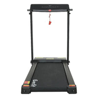Side view of the treadmill unfolded with running belt and sturdy steel frame.
