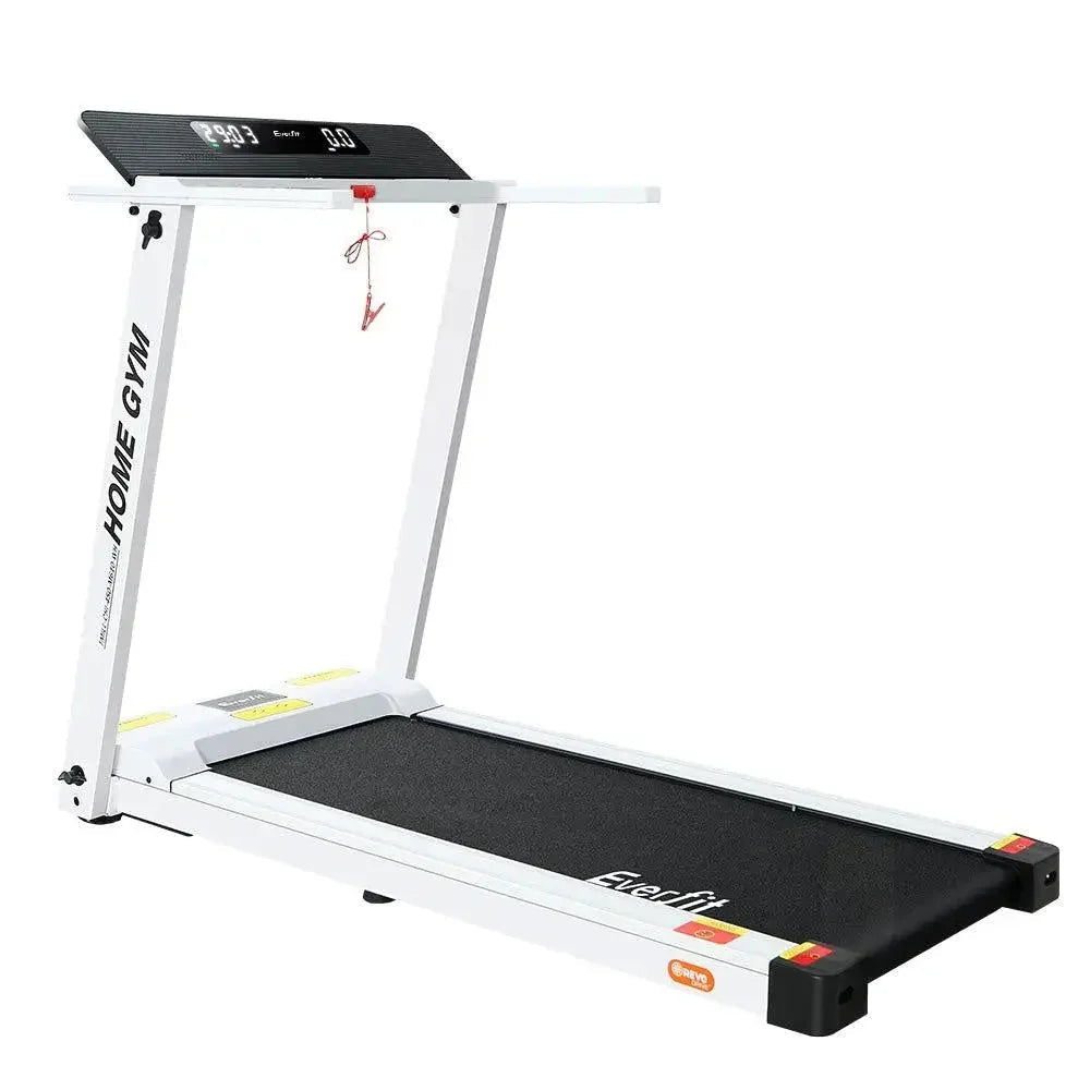 Folded Everfit Electric Treadmill in white with digital control panel and sturdy steel frame