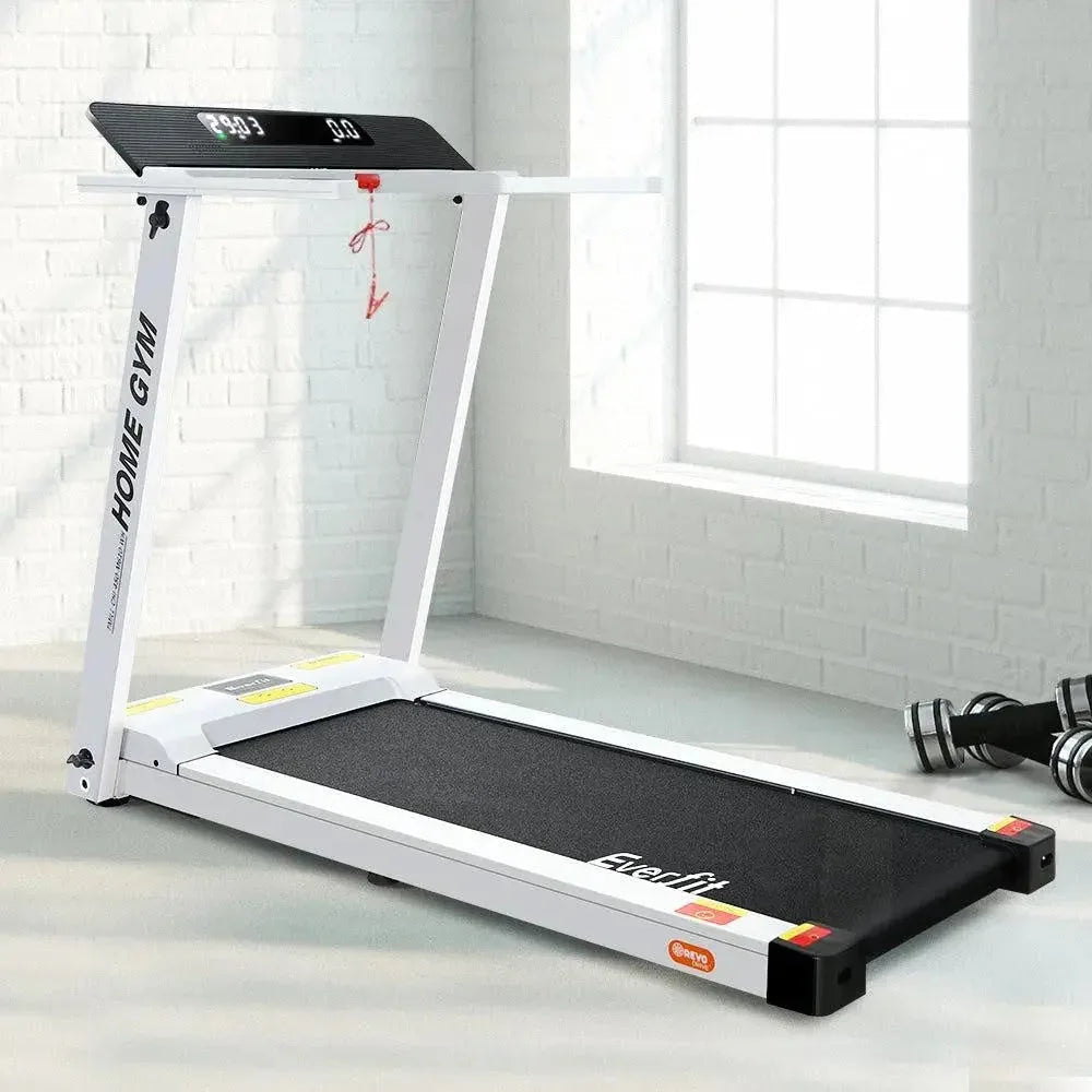 Folded Everfit treadmill highlighting smooth hinges and compact profile for home use