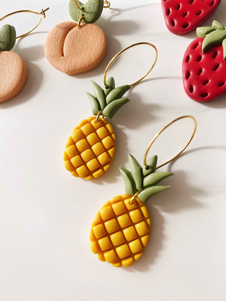Pineapple Hoops - handcrafted polymer clay pineapple-shaped hoop earrings with hypoallergenic posts, Snagva