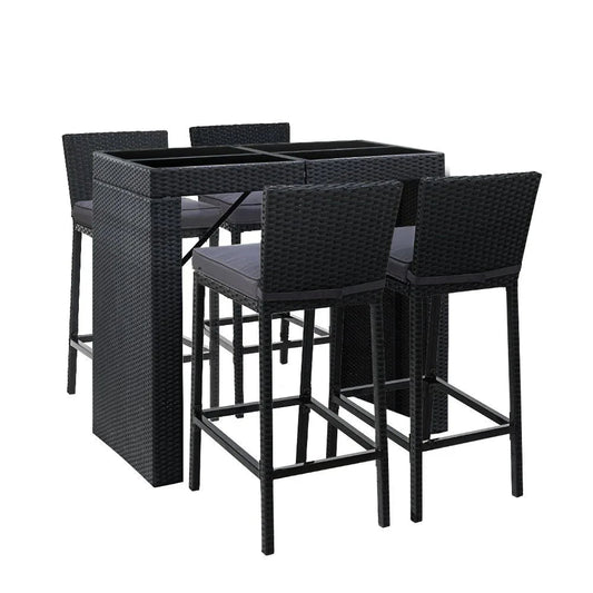 Gardeon Outdoor Bar Set with rattan stools and glass tabletop on a wooden deck