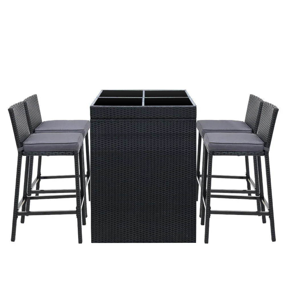 Side view of Gardeon rattan outdoor bar set with foam cushions on stools
