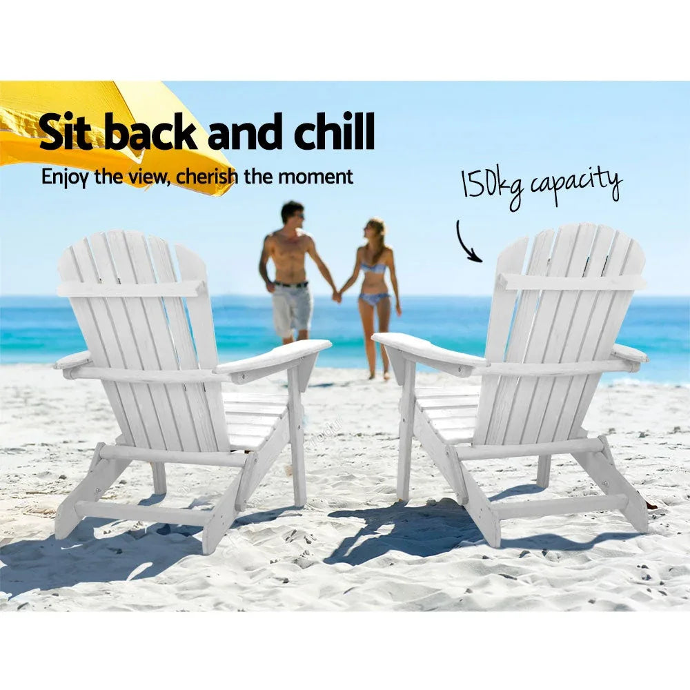 Front view of white foldable Adirondack chair on outdoor wooden flooring.