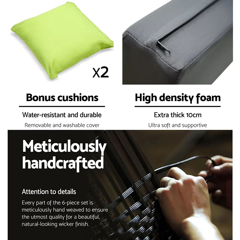 Detailed view of textured PE wicker frame with high-density foam cushions on outdoor sofa.