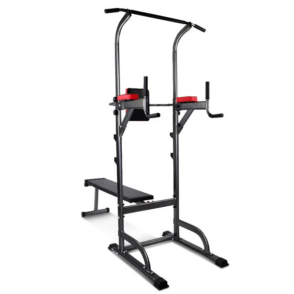 Everfit 9-IN-1 Power Tower showing chin-up bar and flat bench setup in gym environment.