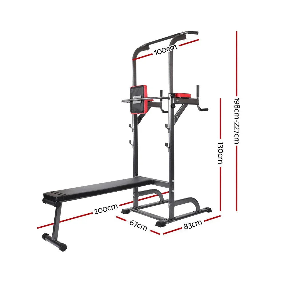 Close-up of Everfit Power Tower's padded bench and sturdy steel frame construction.