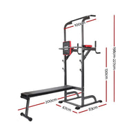 Close-up of Everfit Power Tower's padded bench and sturdy steel frame construction.