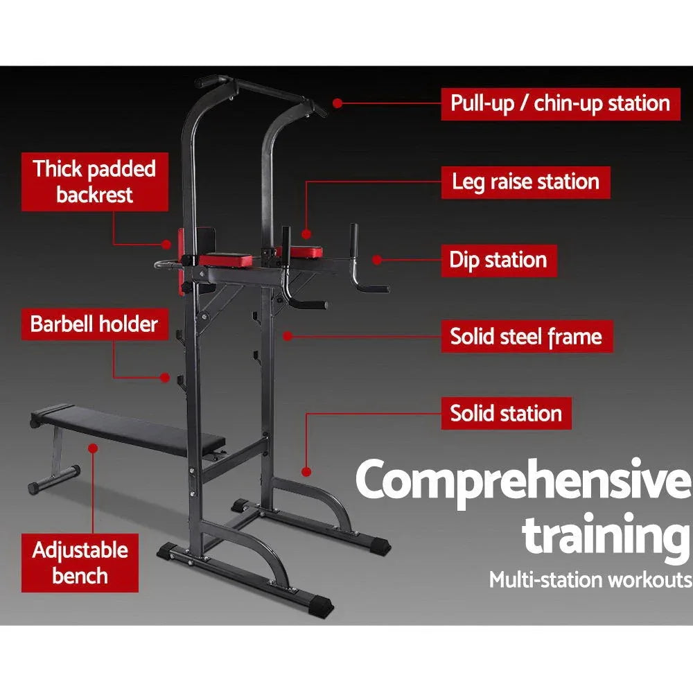 Side view of the multi-function workout station featuring dips and pull-up bars.