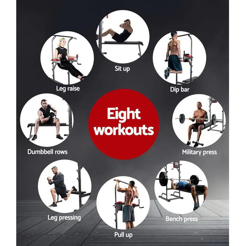Front angle of the Everfit 9-IN-1 Power Tower with weight bench and multiple workout options.