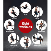 Front angle of the Everfit 9-IN-1 Power Tower with weight bench and multiple workout options.