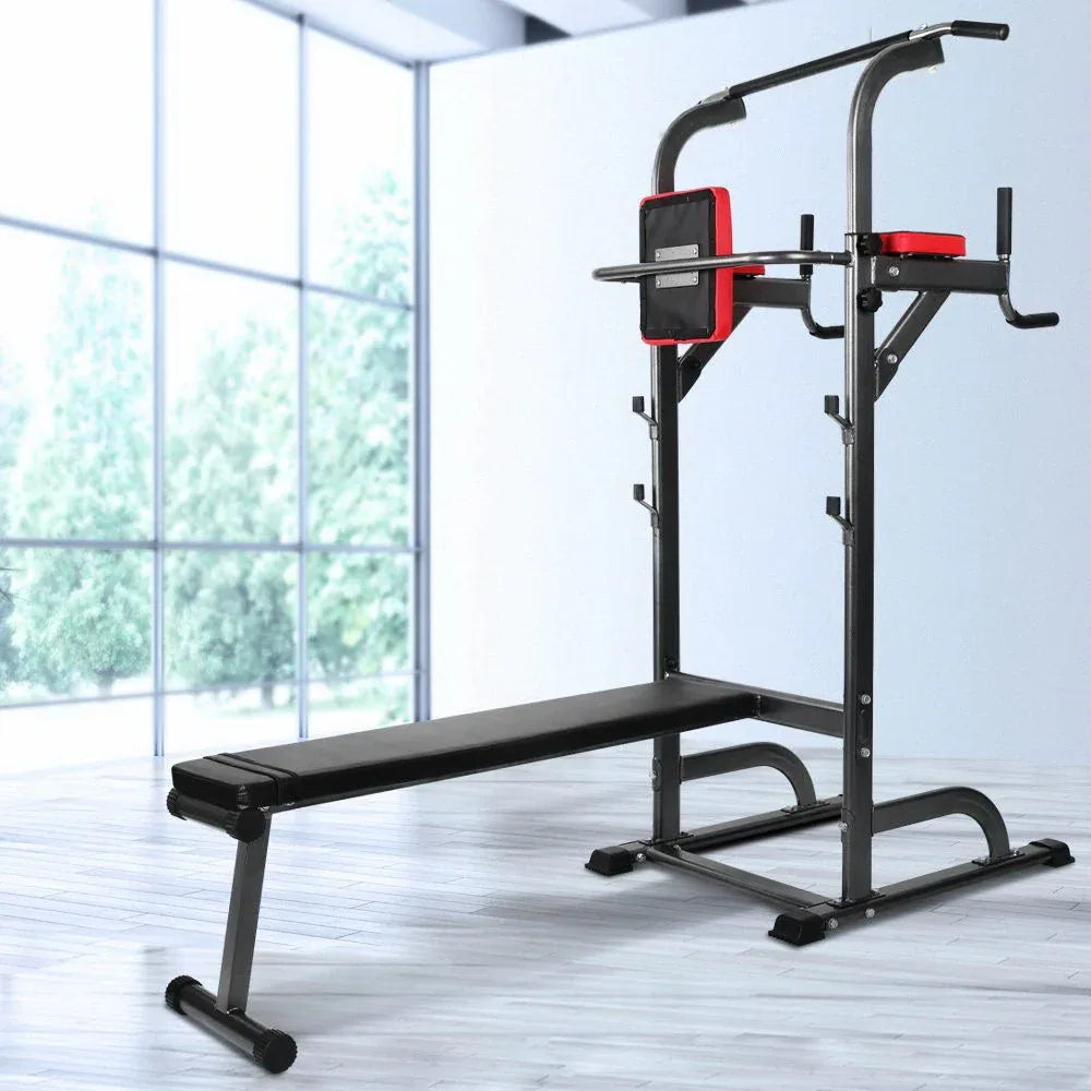 Wide shot of the complete Everfit 9-IN-1 Power Tower workout station in neutral background.