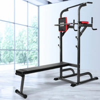Wide shot of the complete Everfit 9-IN-1 Power Tower workout station in neutral background.