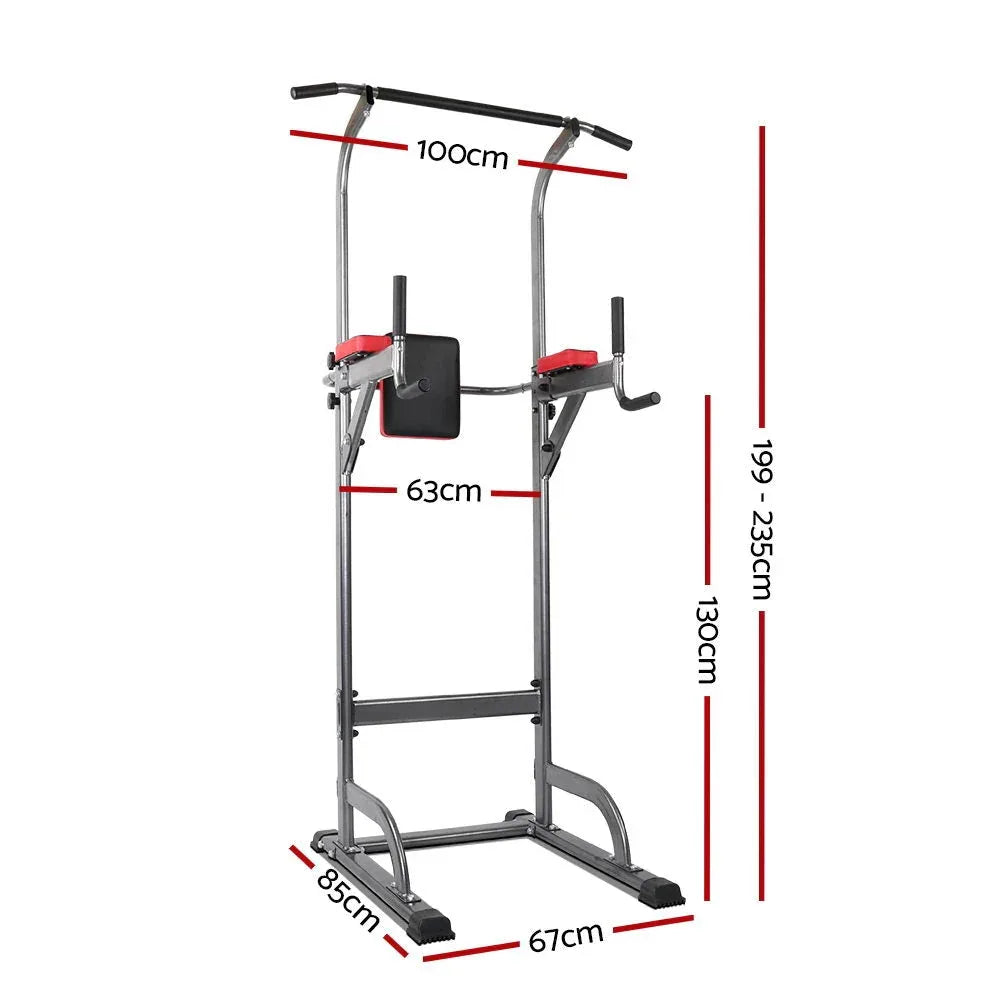 Close-up of padded arm supports and handles on heavy-duty Everfit Power Tower fitness station.