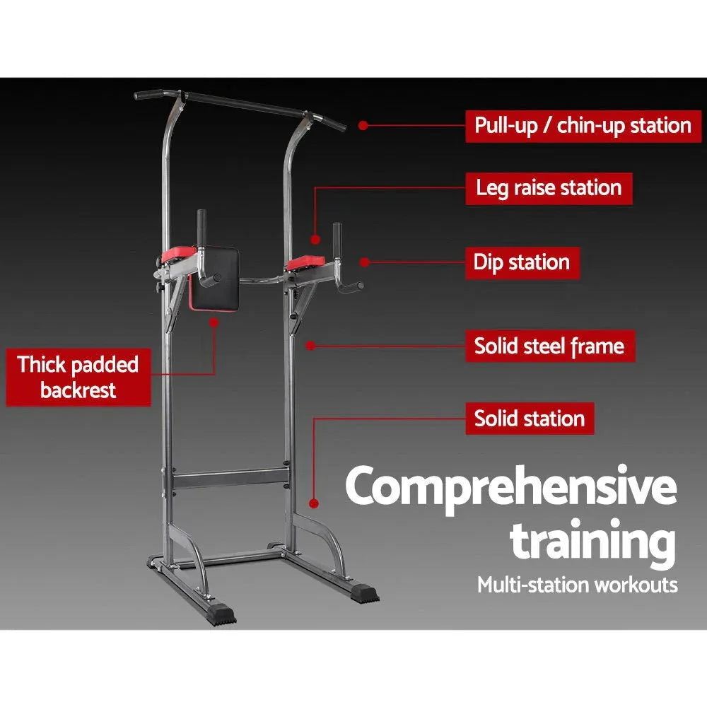 Side view of the Everfit Power Tower showing pull-up bar and dip station with padded cushions.