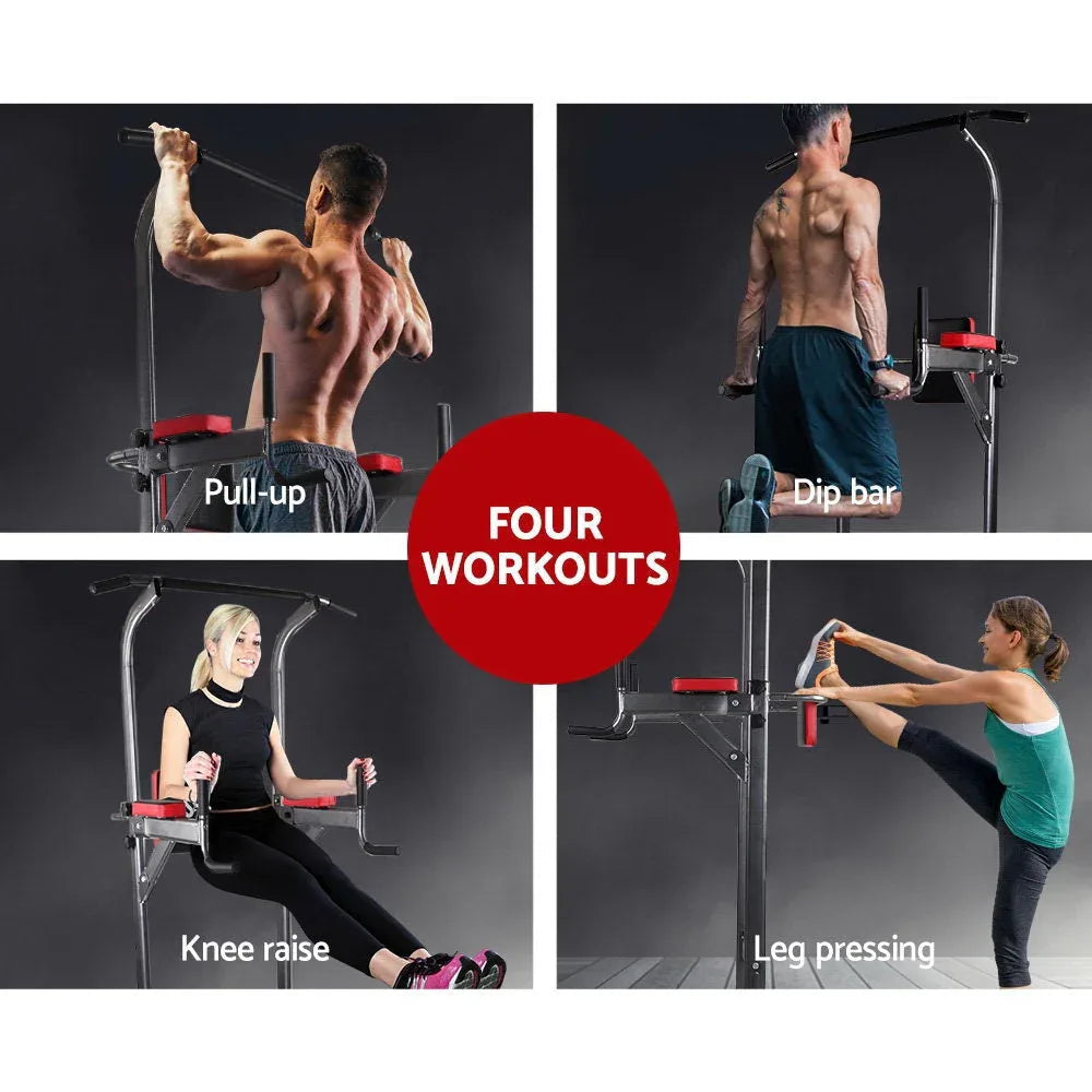 Front view of Everfit Power Tower highlighting sturdy tubular steel frame and non-slip rubber feet.