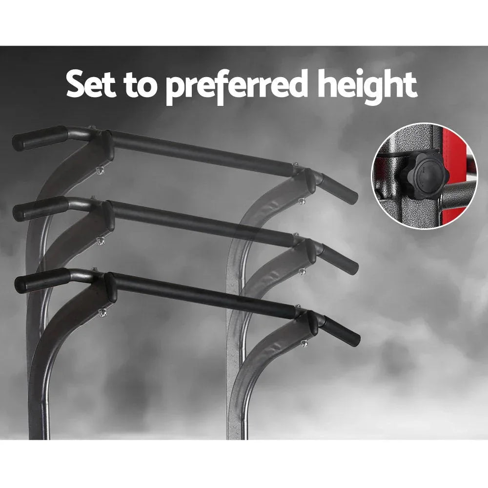 Detail of the bench press setup with adjustable seat and high-density cushioning on fitness tower.