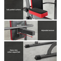 Fitness enthusiast using Everfit Power Tower for pull-ups in bright home workout area.