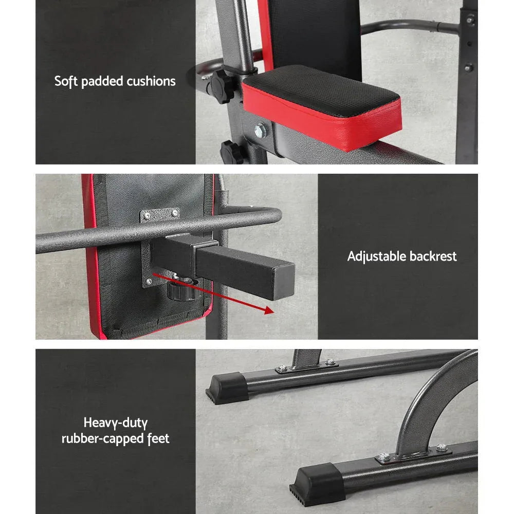 Fitness enthusiast using Everfit Power Tower for pull-ups in bright home workout area.