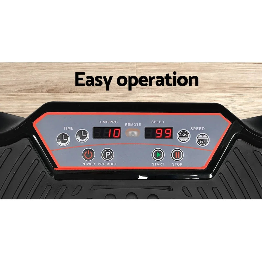 Vibration machine placed in a home gym setting with bright interior background.
