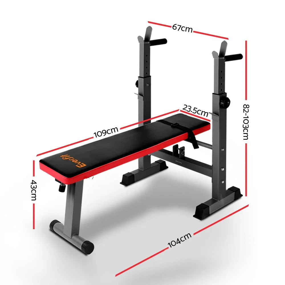 Close-up of the weight bench showing sturdy steel frame and cushioning