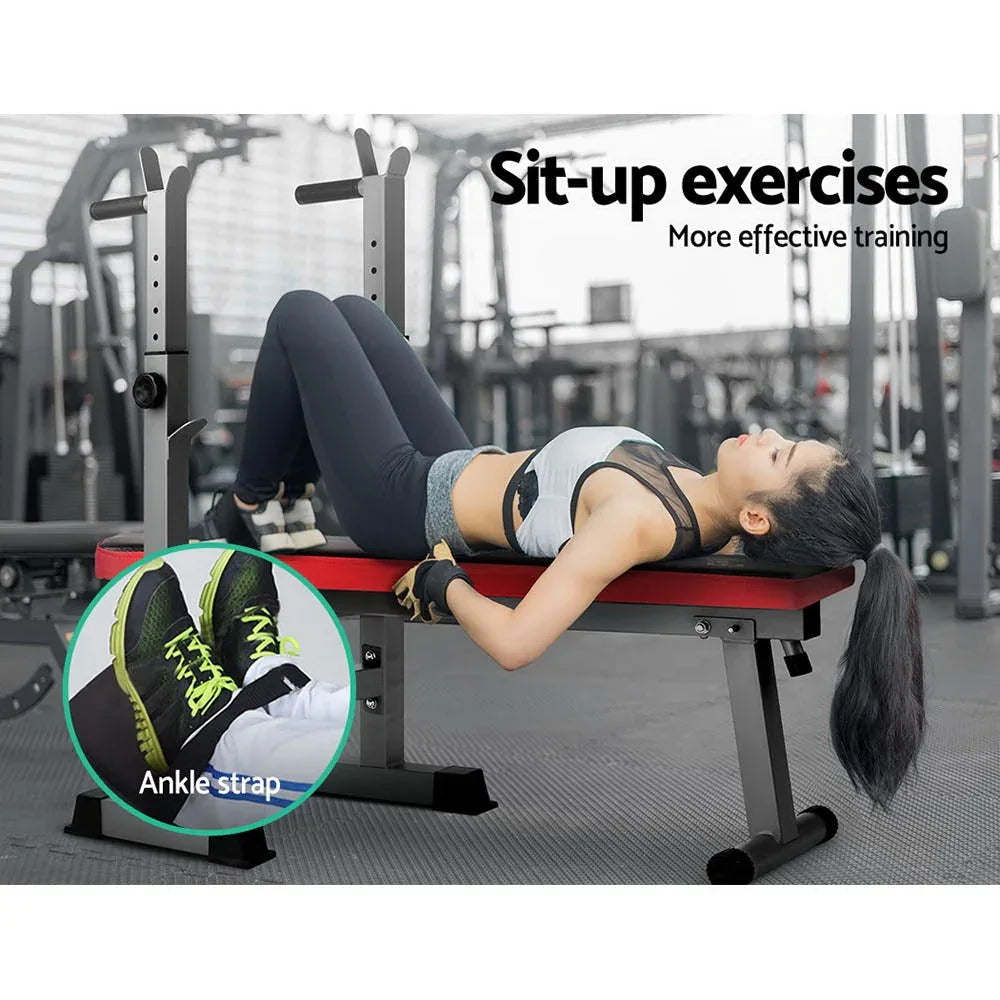 Multi-level weight bench with padded seat and backrest angled for workouts