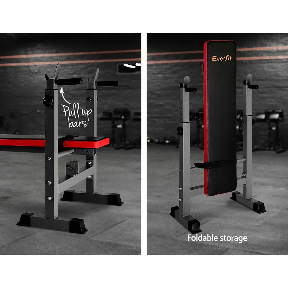 Weights loaded on the bench showing its suitability for various strength exercises