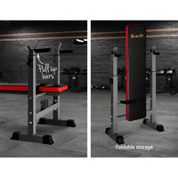Weights loaded on the bench showing its suitability for various strength exercises