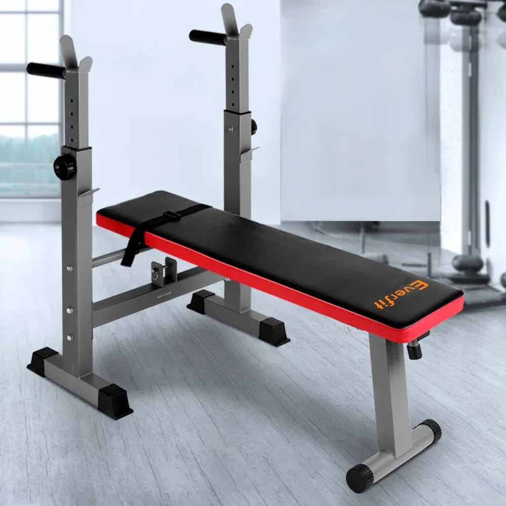 Foldable weight bench displaying compact design for home gym use