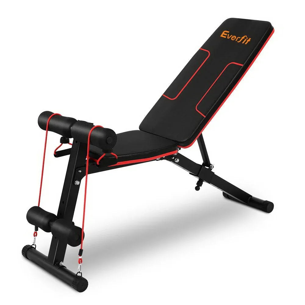 Everfit Adjustable FID Weight Bench showing flat position with steel frame and padded seat.