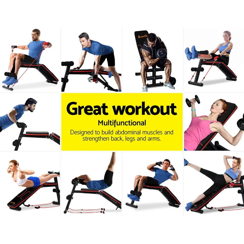 Everfit weight bench in declined position displaying sturdy frame and cushioned support.