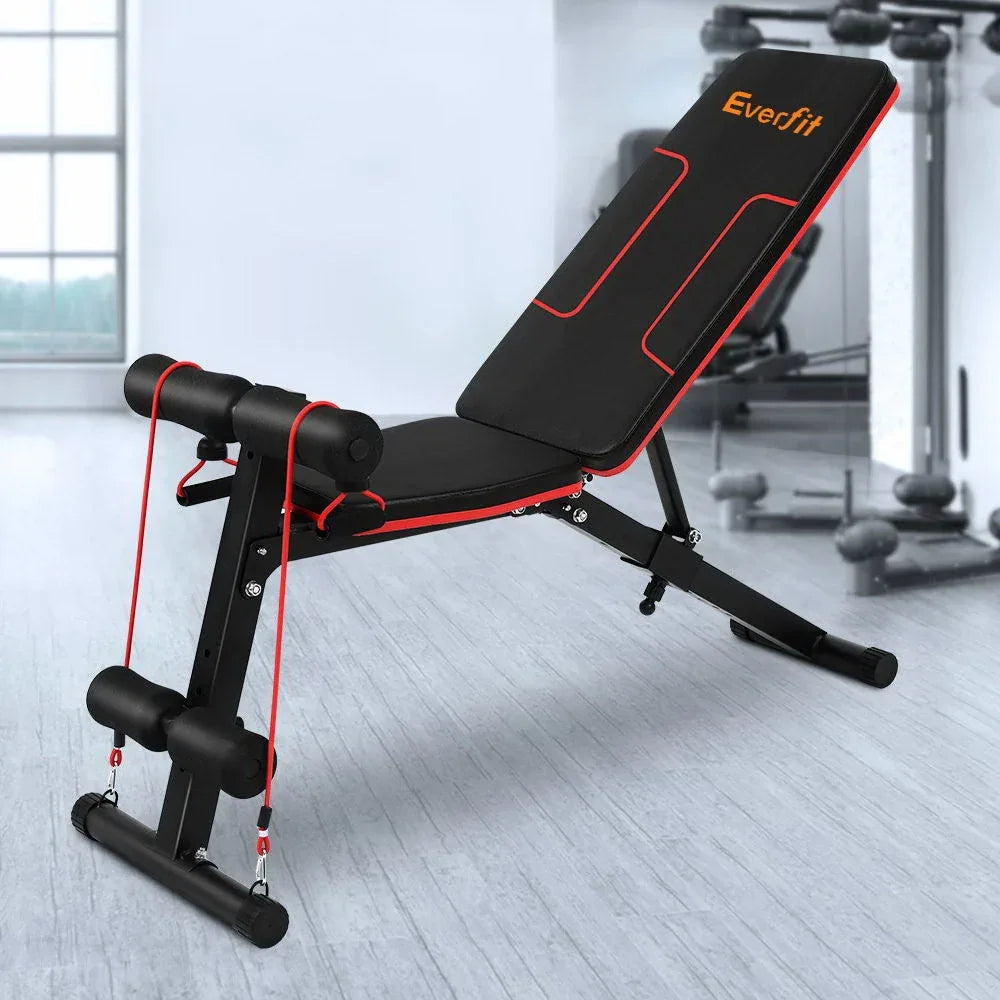 Folded Everfit Adjustable FID Weight Bench highlighting compact design for home gyms.