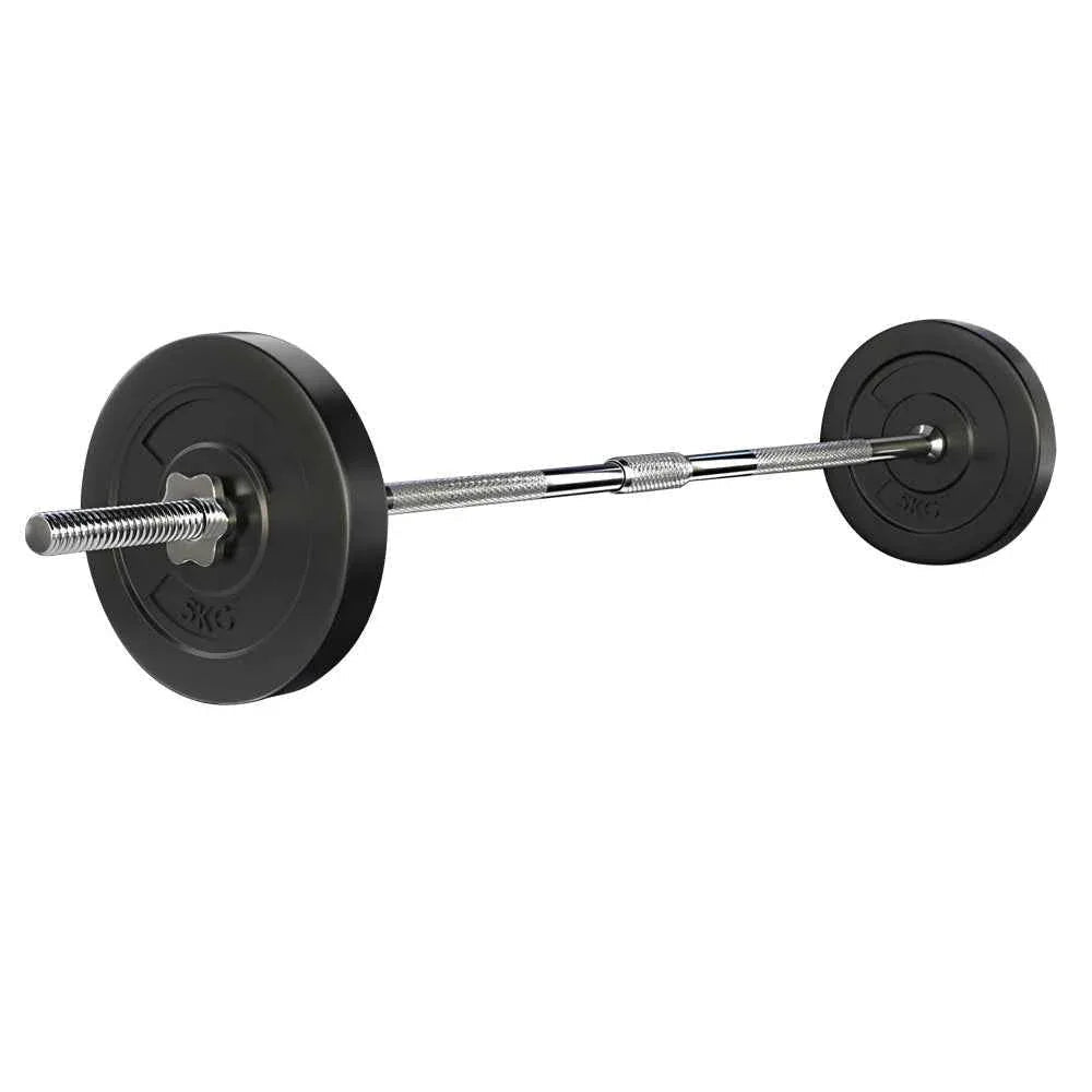 18kg barbell weight set with rubber-coated plates and chrome steel bar on a white background