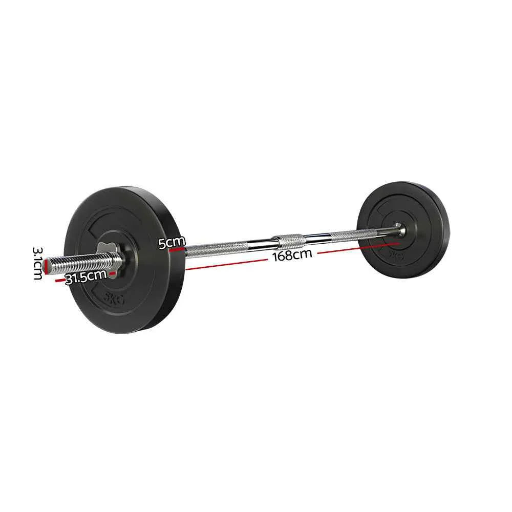 Close-up of black rubber-coated 5kg barbell weight plates stacked beside chrome bar