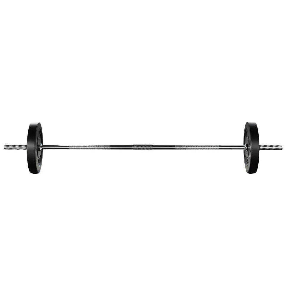 Assembled barbell with weight plates displayed horizontally on a clean surface
