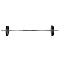 Assembled barbell with weight plates displayed horizontally on a clean surface