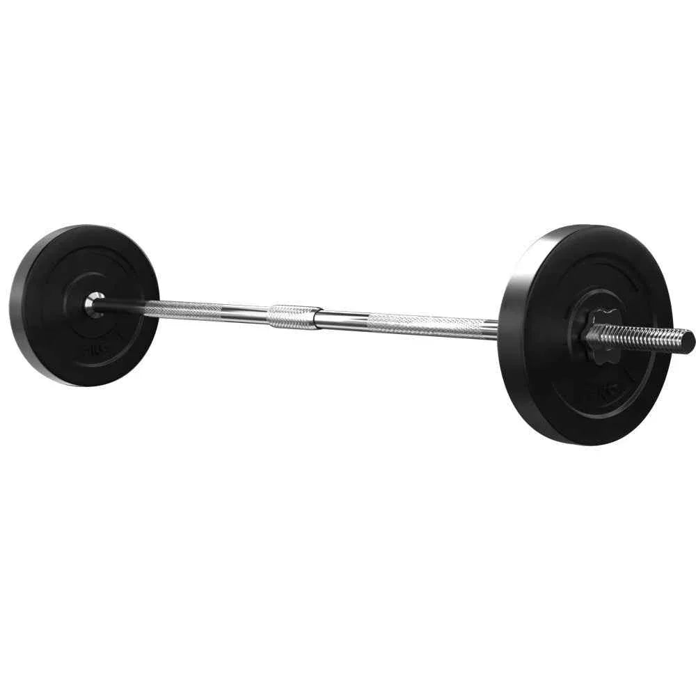 View of chrome plated barbell with multiple weight plates on both ends