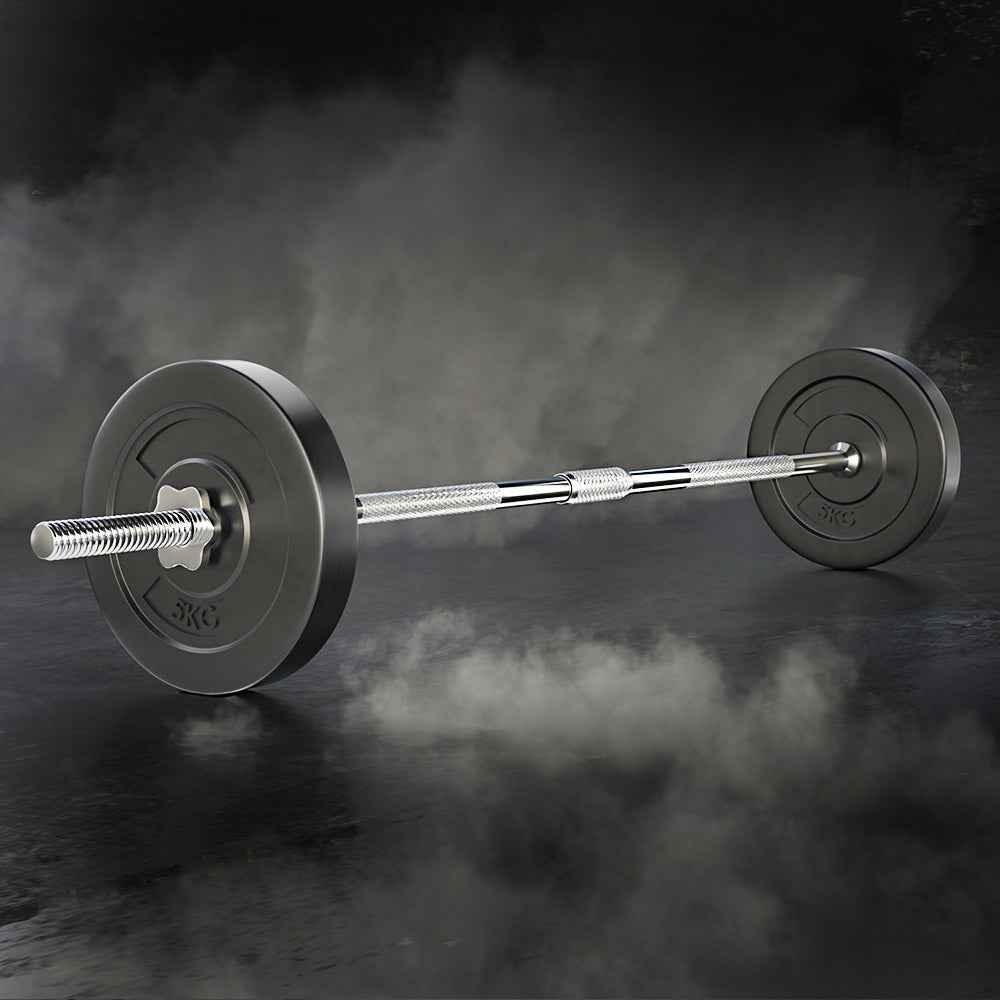 Fitness equipment set showing barbell and easy-to-handle weight plates for home use