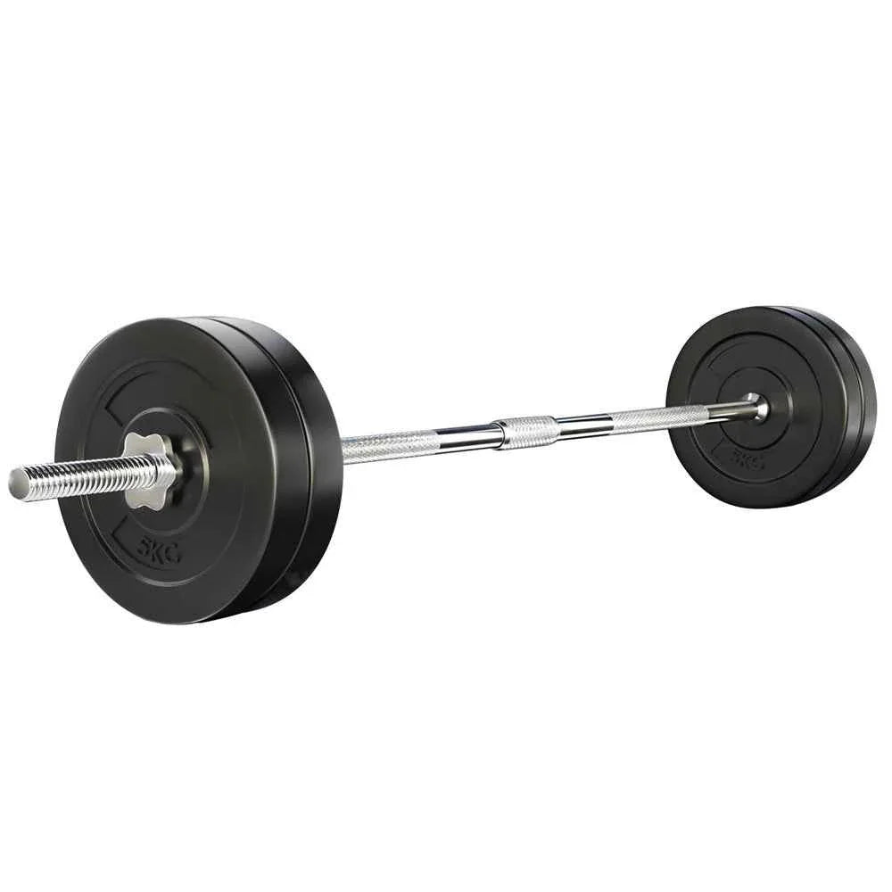 Set of black rubber-coated 5kg weight plates stacked