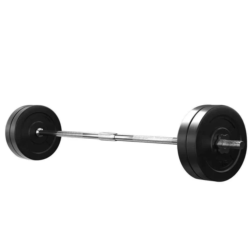 Barbell assembled with multiple weight plates on both sides