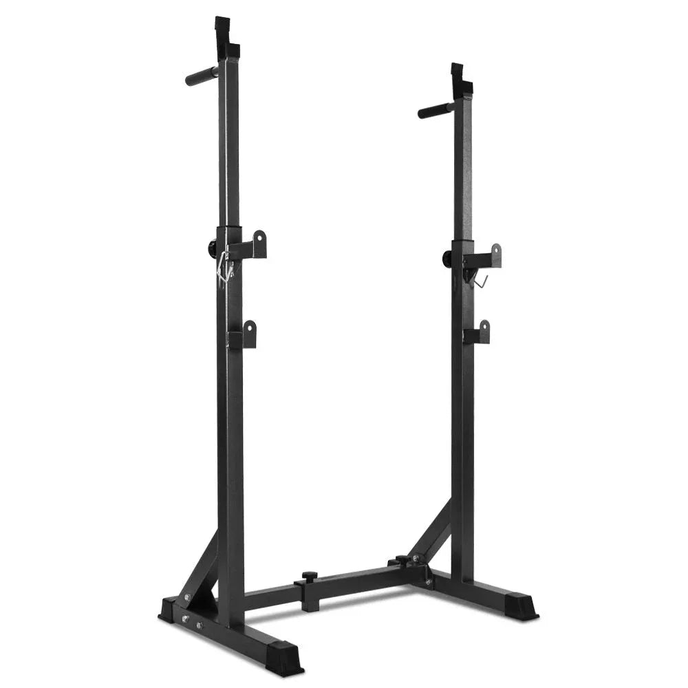 Pair of powder-coated steel squat rack stands for weightlifting and exercise at home gym.